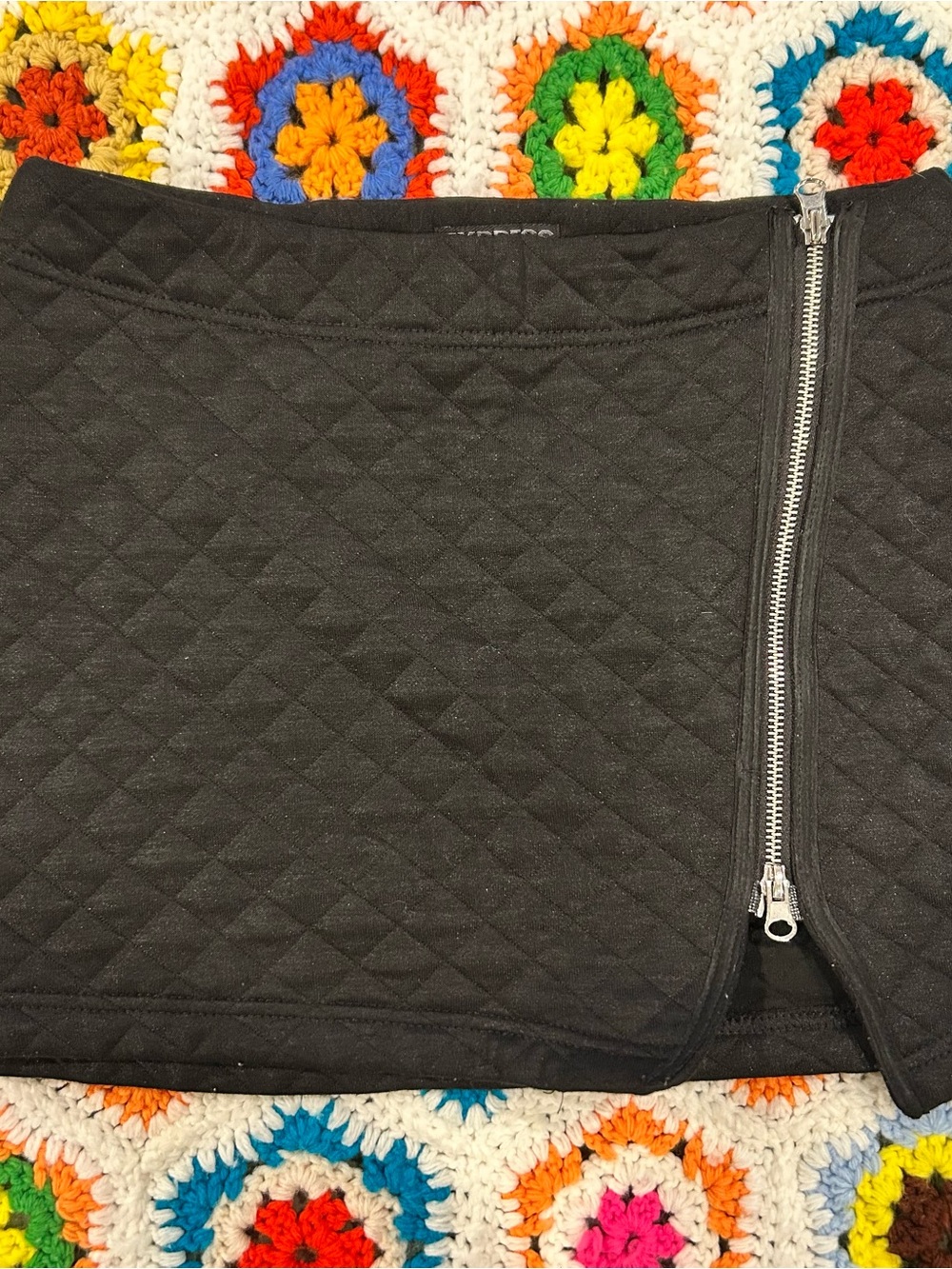Express Black Quilted Mini Skirt with Exposed Silver Zip